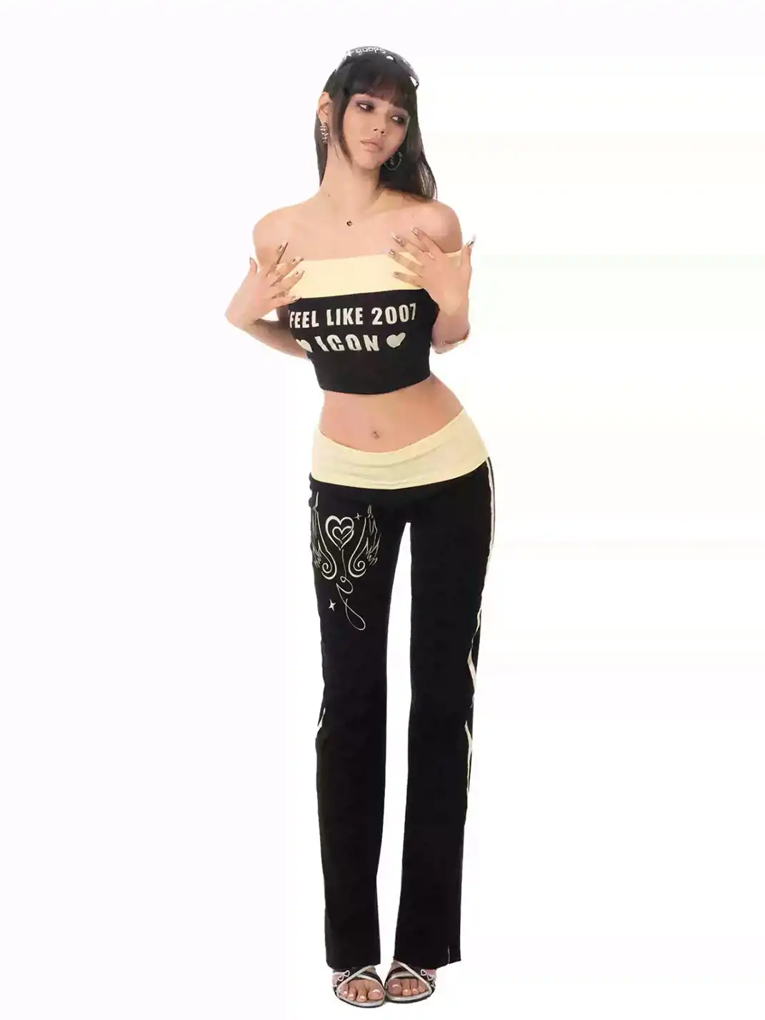 Ooops333 | Print Off-Shoulder Tube Top & Straight-Leg Casual Pants Set