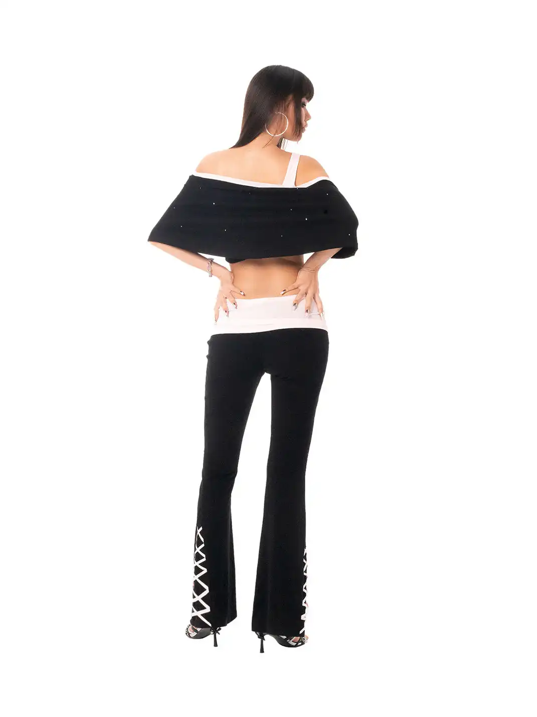 Ooops333 | Rhinestone Ruffle Off-Shoulder Fake Two-Piece Top & Lace Flare Pants Set