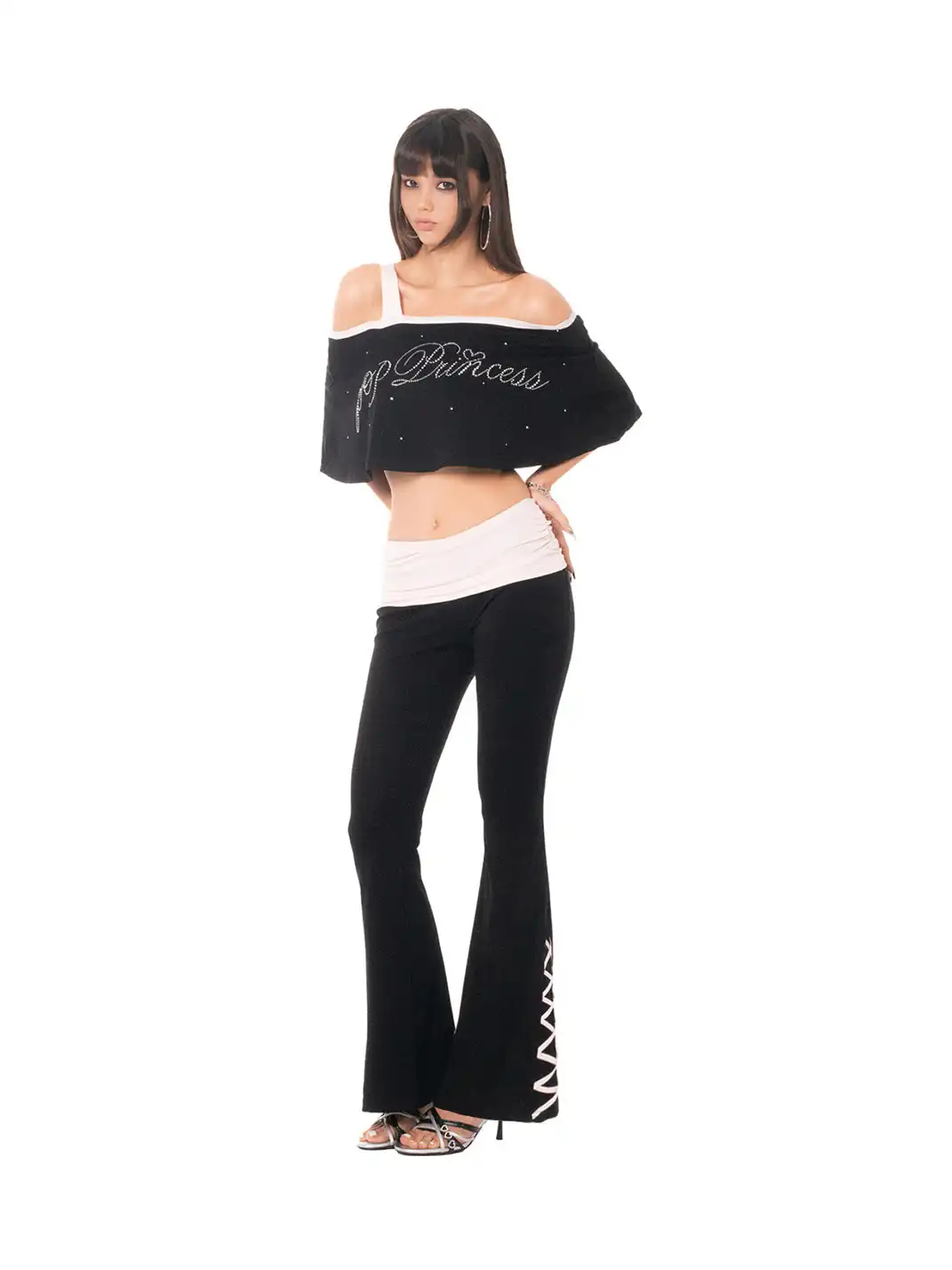 Ooops333 | Rhinestone Ruffle Off-Shoulder Fake Two-Piece Top & Lace Flare Pants Set