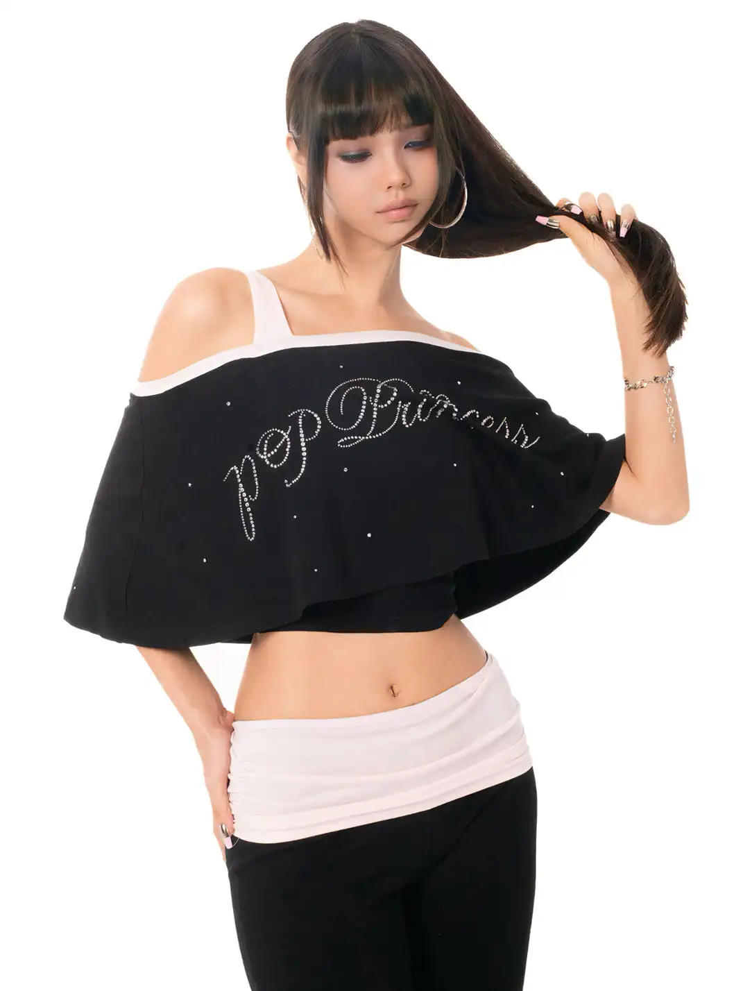 Ooops333 | Rhinestone Ruffle Off-Shoulder Fake Two-Piece Top & Lace Flare Pants Set