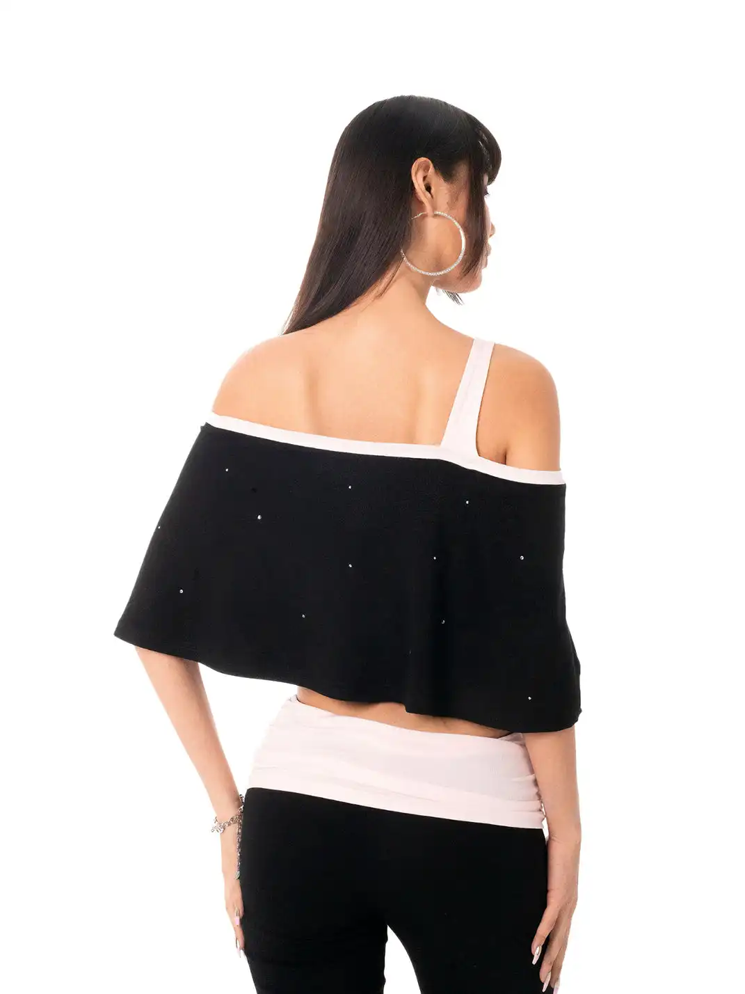 Ooops333 | Rhinestone Ruffle Off-Shoulder Fake Two-Piece Top & Lace Flare Pants Set