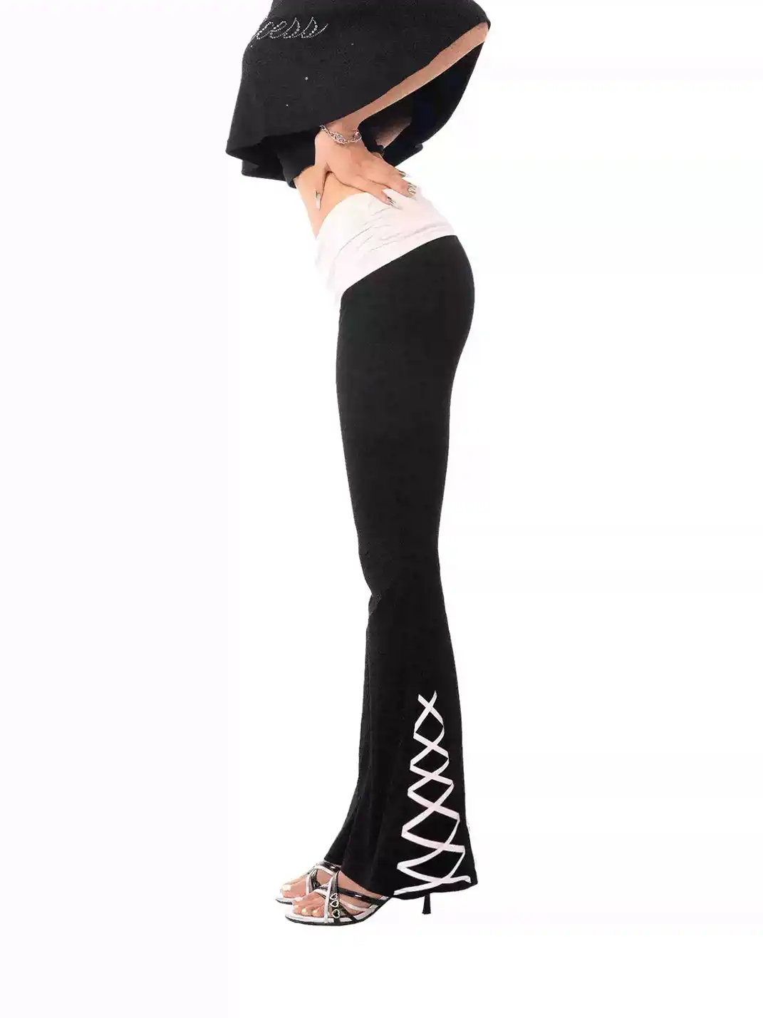 Ooops333 | Rhinestone Ruffle Off-Shoulder Fake Two-Piece Top & Lace Flare Pants Set