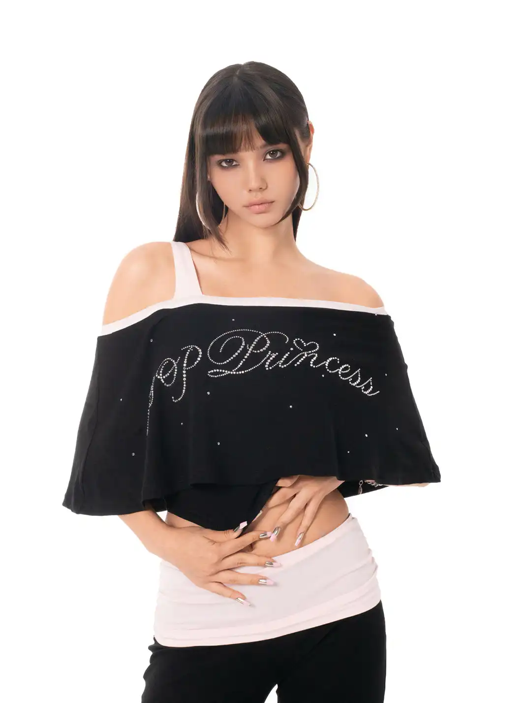 Ooops333 | Rhinestone Ruffle Off-Shoulder Fake Two-Piece Top & Lace Flare Pants Set