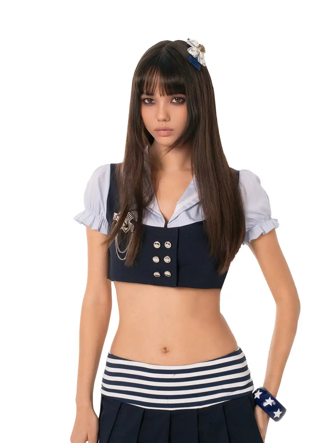Ooops333 | Navy Style Short Sleeve Top, Star Leggings & Pleated Skirt Set