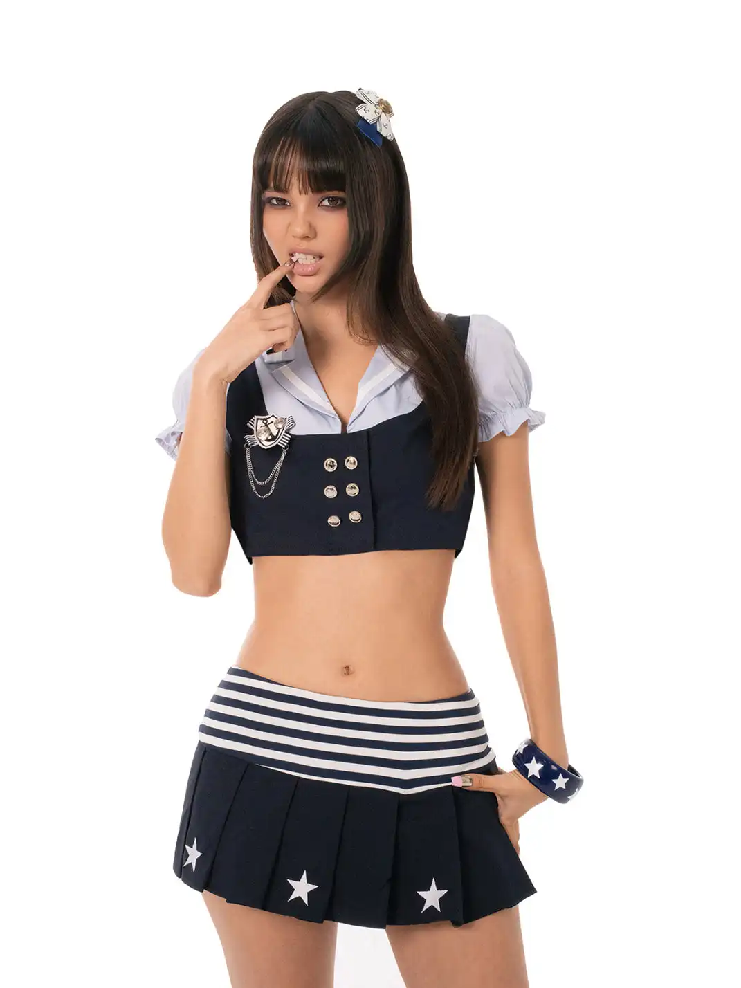 Ooops333 | Navy Style Short Sleeve Top, Star Leggings & Pleated Skirt Set