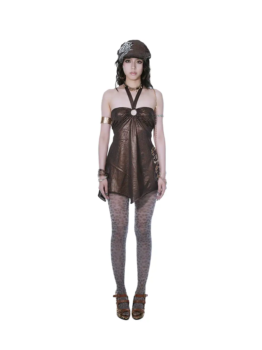 Ooops333 | Shiny Plaid Leopard Rhinestone Halter Dress
