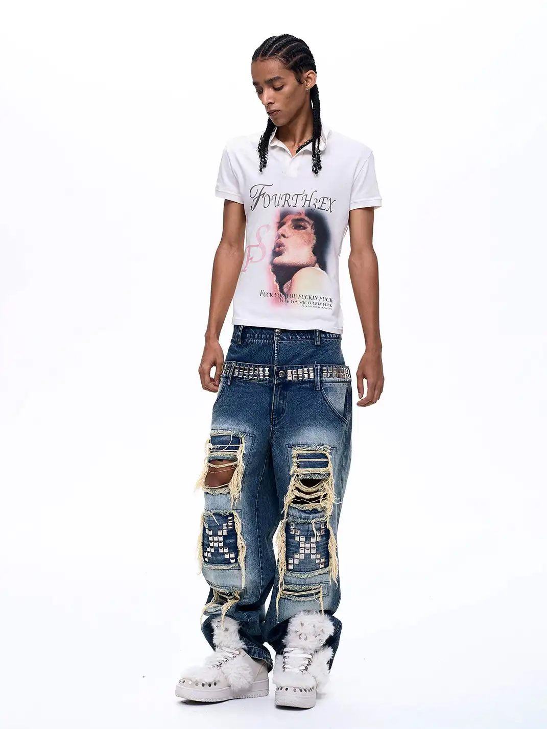 Fourth3ex | Double Waistband Ripped Sequin Spliced Jeans