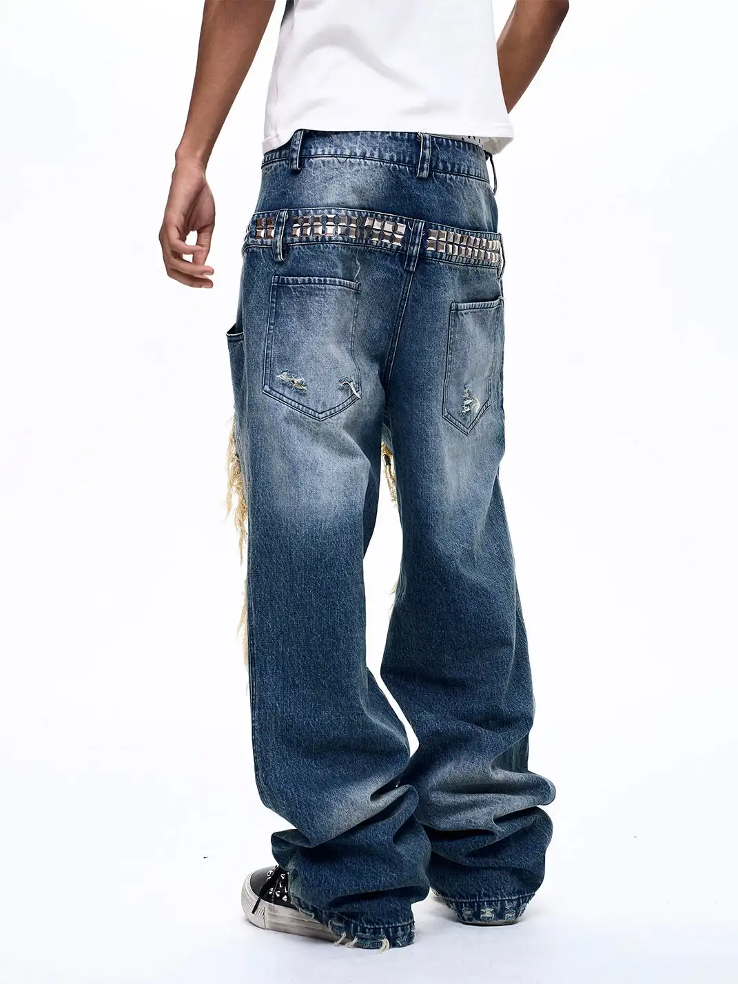 Fourth3ex | Double Waistband Ripped Sequin Spliced Jeans