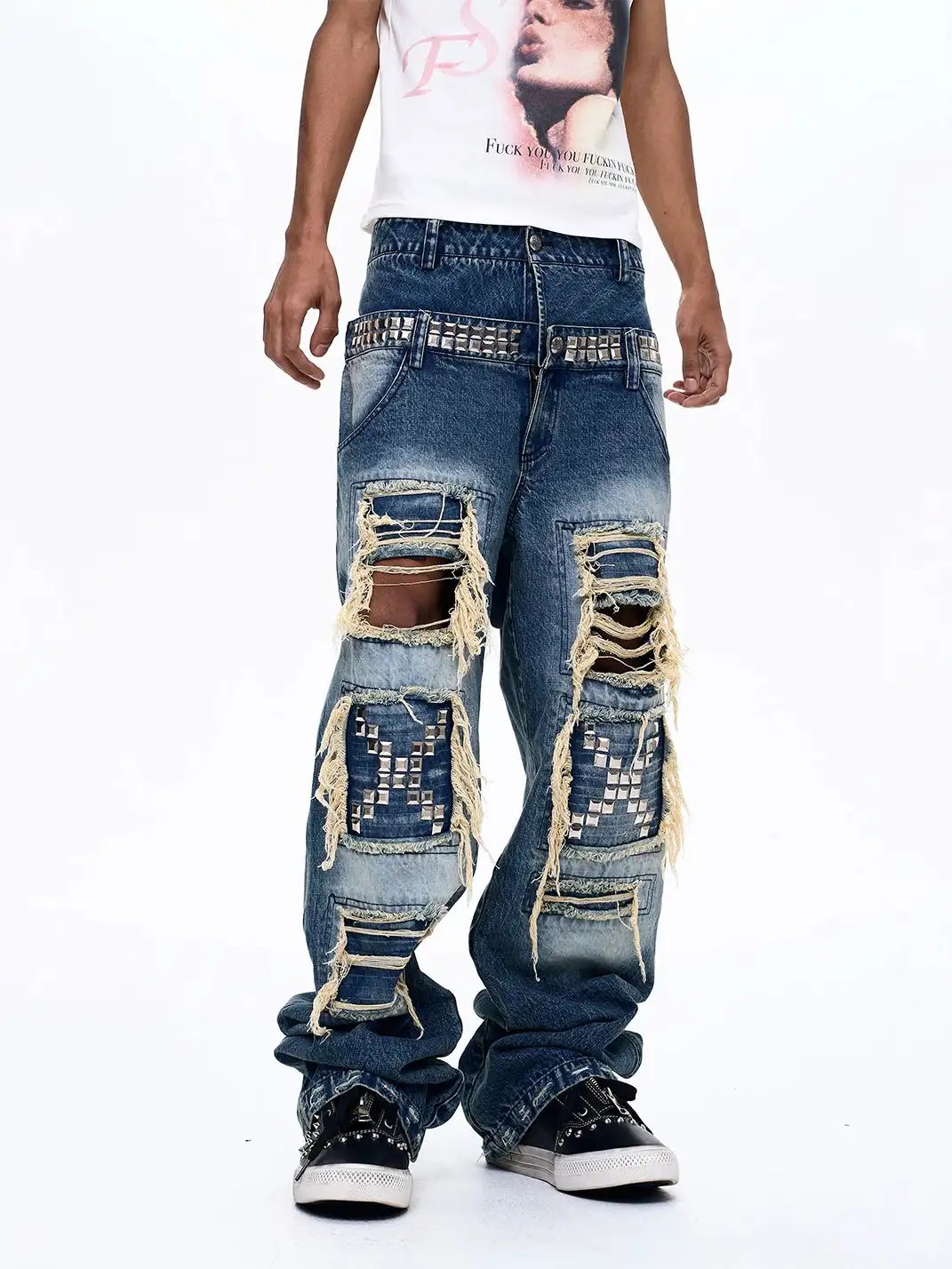 Fourth3ex | Double Waistband Ripped Sequin Spliced Jeans