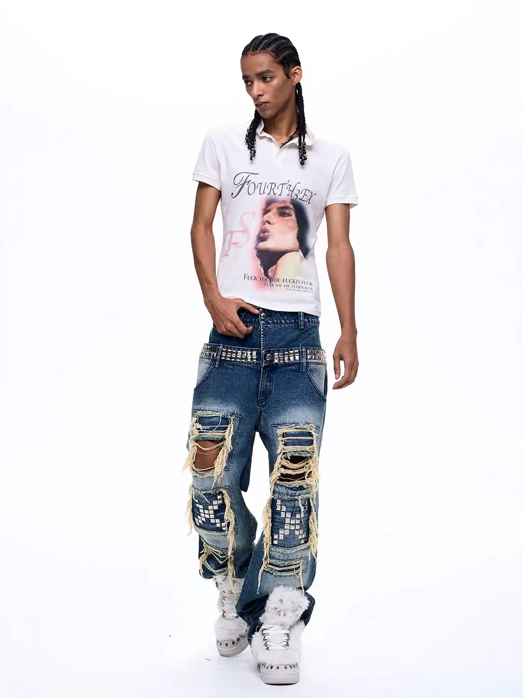 Fourth3ex | Double Waistband Ripped Sequin Spliced Jeans
