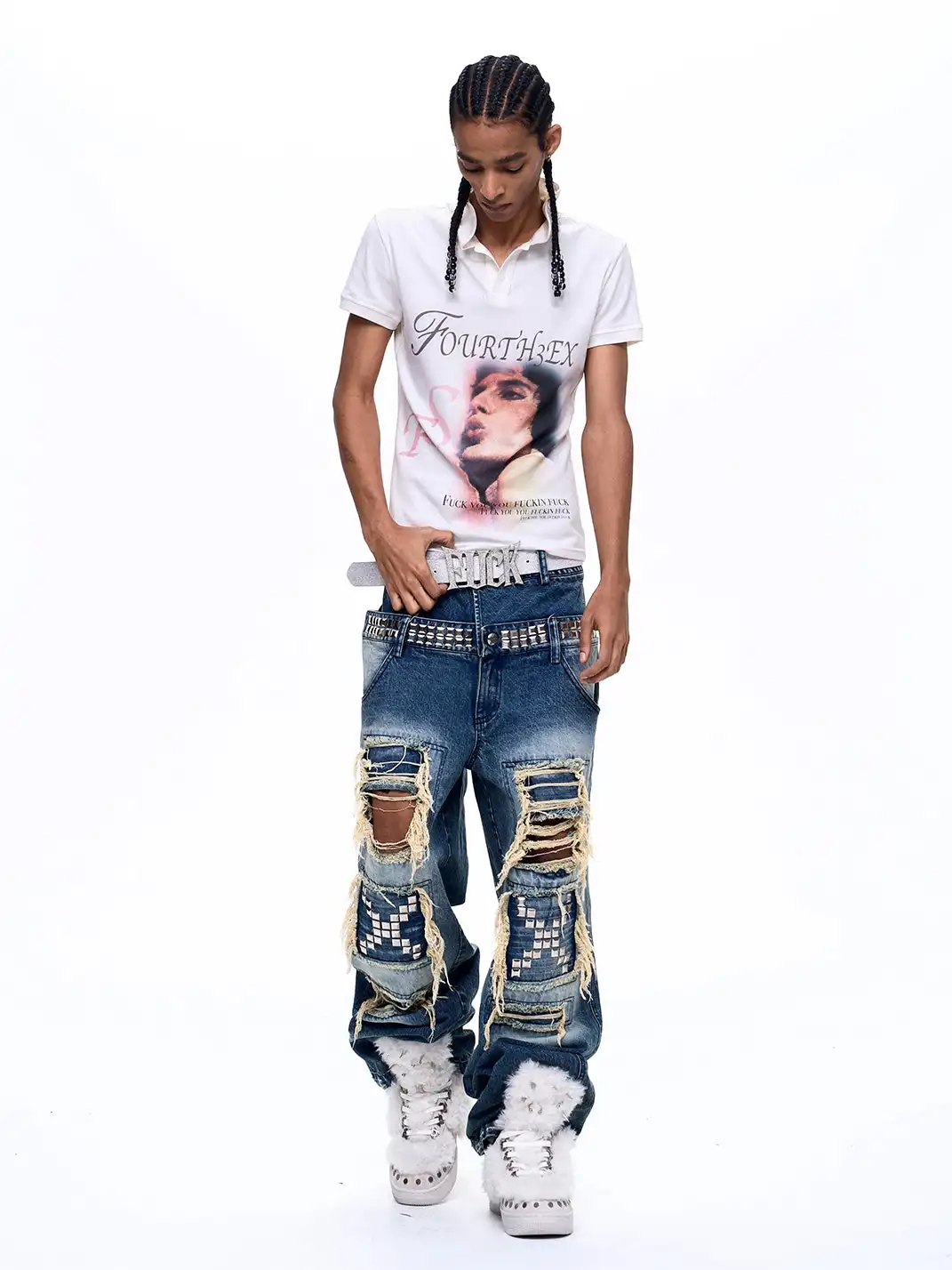 Fourth3ex | Double Waistband Ripped Sequin Spliced Jeans