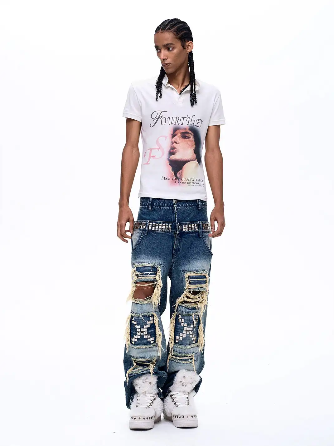 Fourth3ex | Double Waistband Ripped Sequin Spliced Jeans