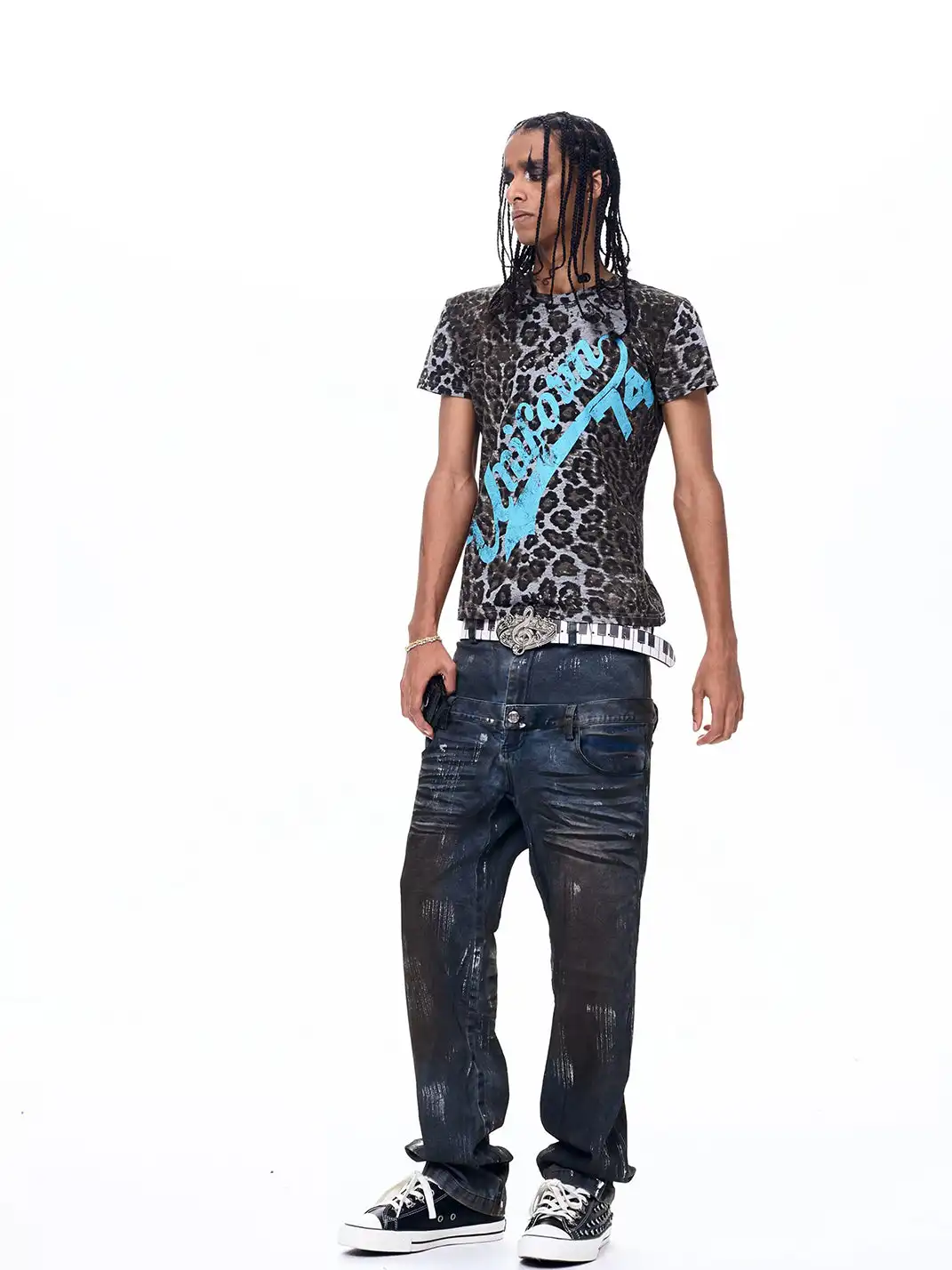 Fourth3ex | Leopard Print Shoulder Letter Print T-Shirt