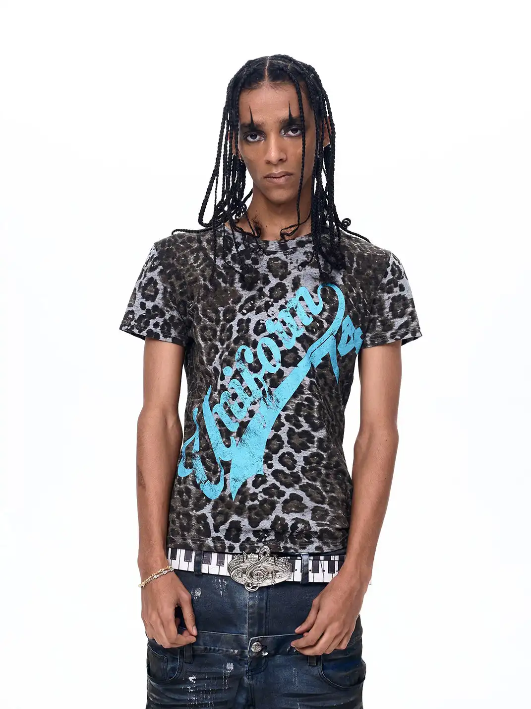 Fourth3ex | Leopard Print Shoulder Letter Print T-Shirt