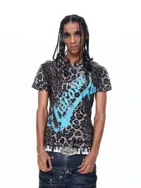 Fourth3ex | Leopard Print Shoulder Letter Print T-Shirt