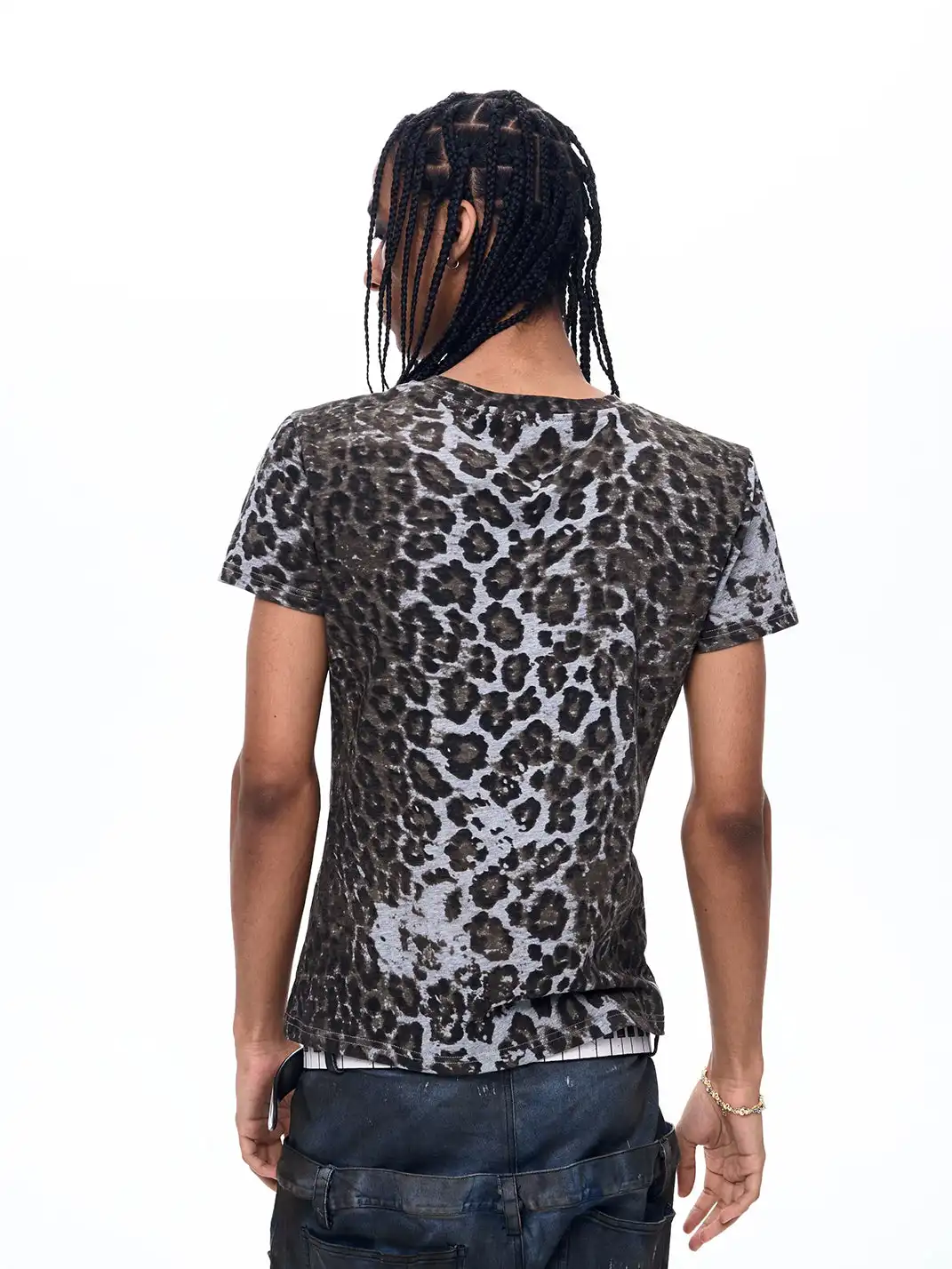 Fourth3ex | Leopard Print Shoulder Letter Print T-Shirt