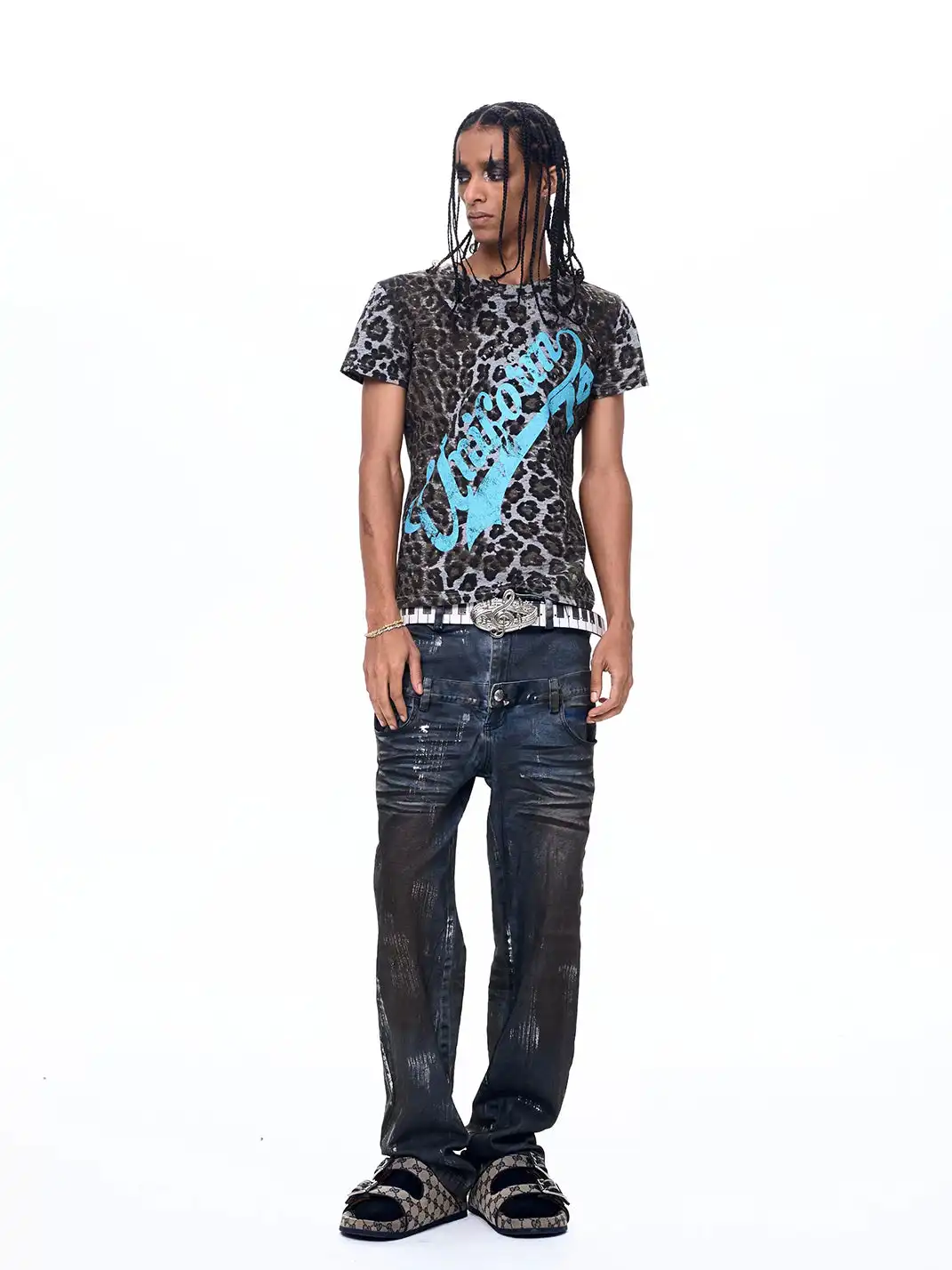 Fourth3ex | Leopard Print Shoulder Letter Print T-Shirt