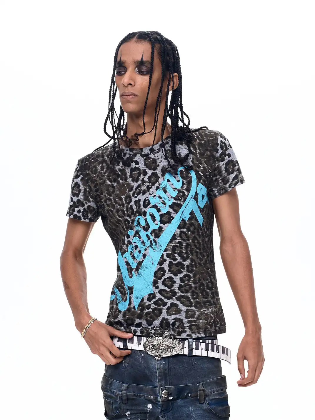 Fourth3ex | Leopard Print Shoulder Letter Print T-Shirt