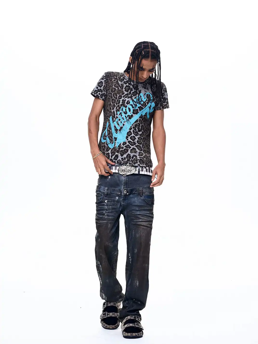 Fourth3ex | Leopard Print Shoulder Letter Print T-Shirt