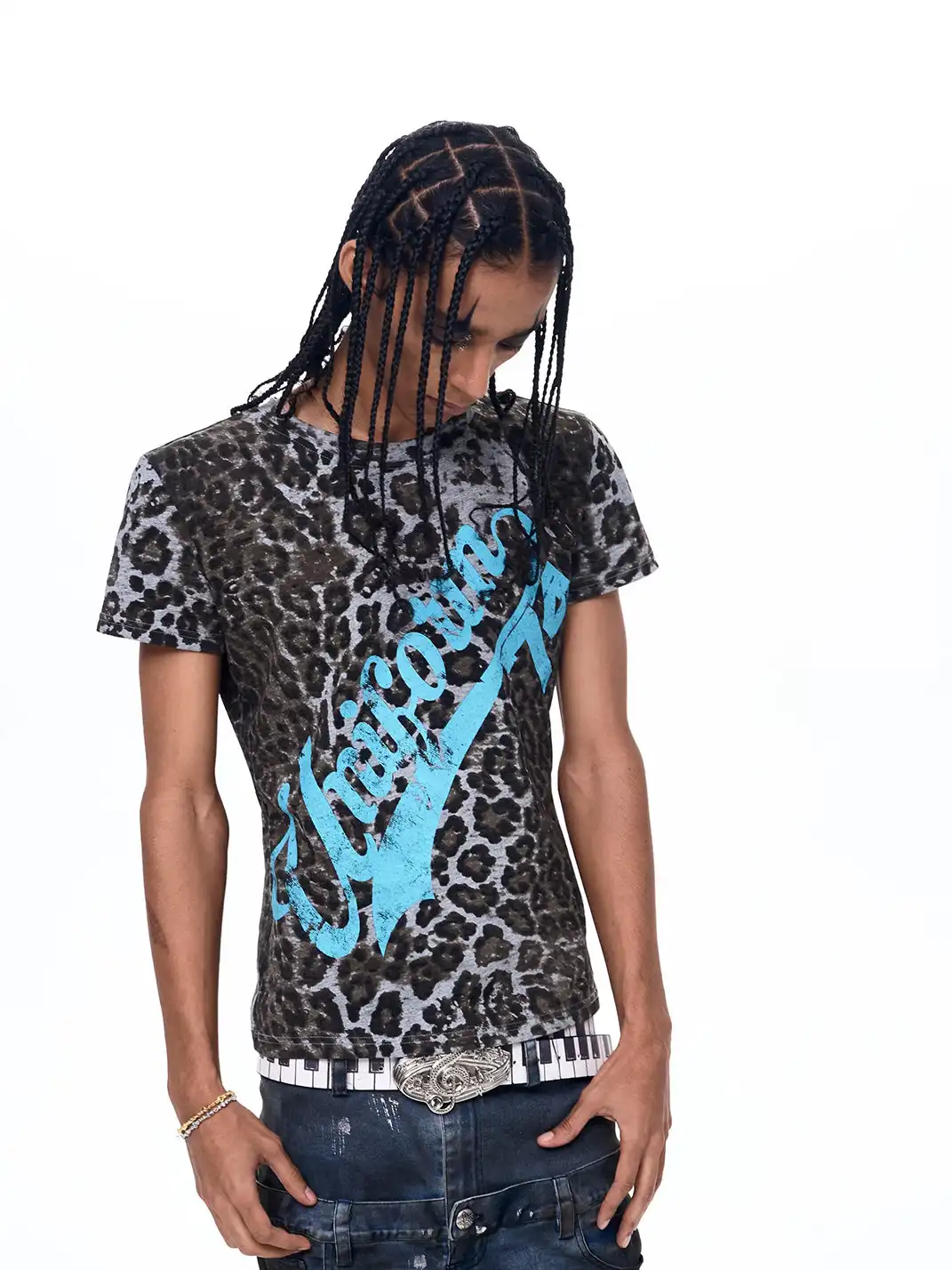 Fourth3ex | Leopard Print Shoulder Letter Print T-Shirt