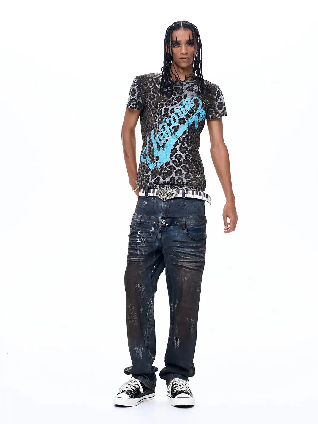 Fourth3ex | Leopard Print Shoulder Letter Print T-Shirt