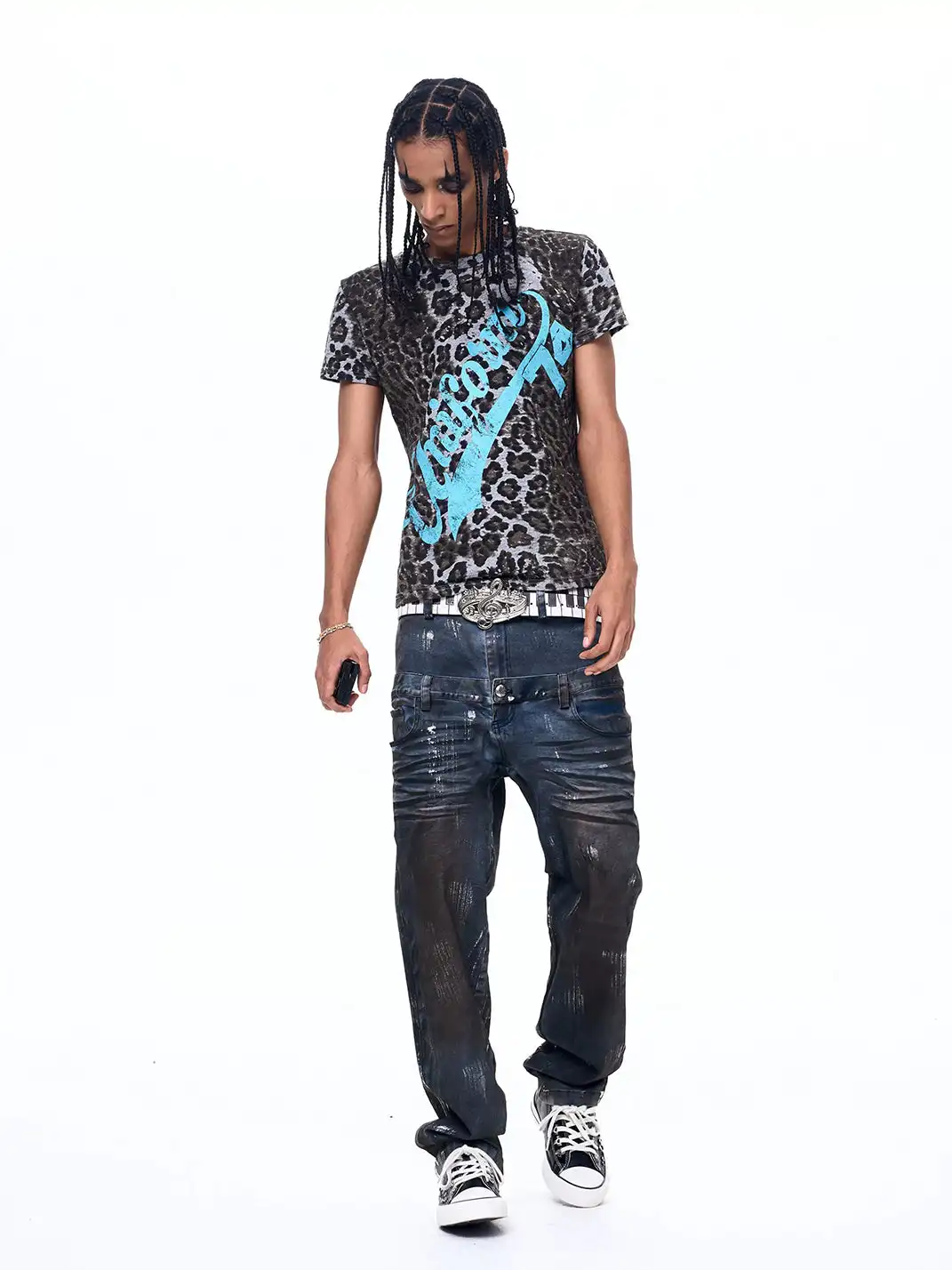 Fourth3ex | Leopard Print Shoulder Letter Print T-Shirt