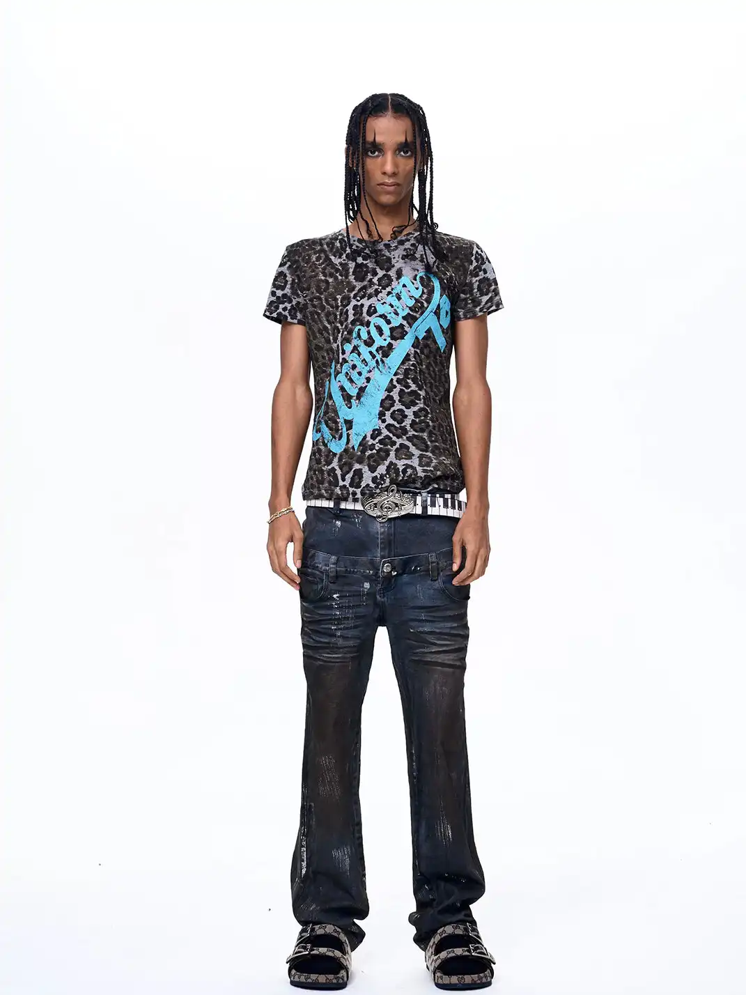 Fourth3ex | Leopard Print Shoulder Letter Print T-Shirt