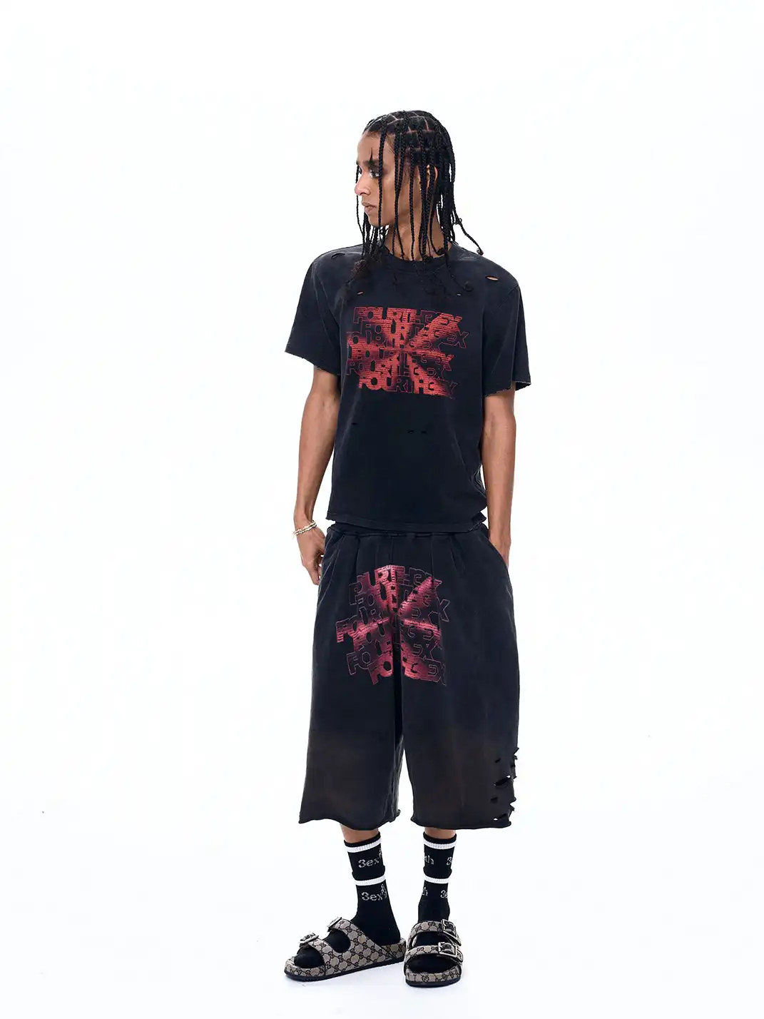 Fourth3ex | Vintage Ripped Letter Print Shorts