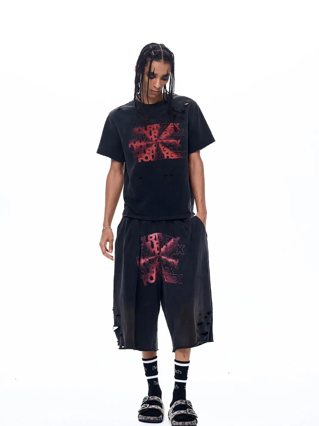 Fourth3ex | Vintage Ripped Letter Print Shorts