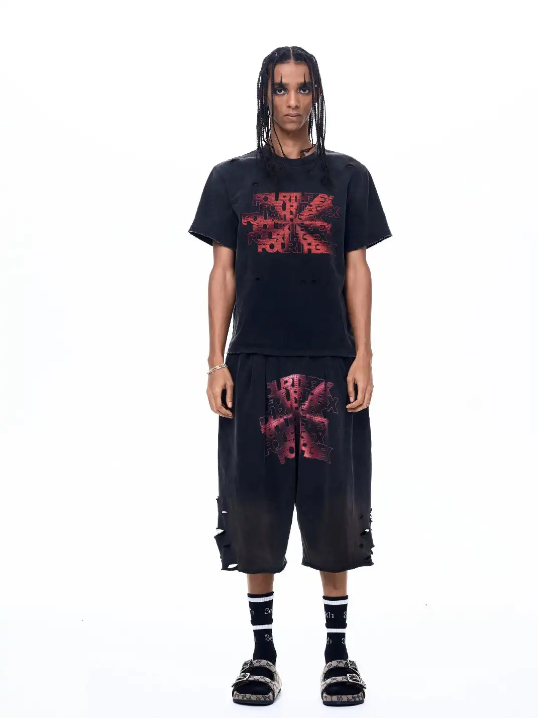Fourth3ex | Vintage Ripped Letter Print Shorts