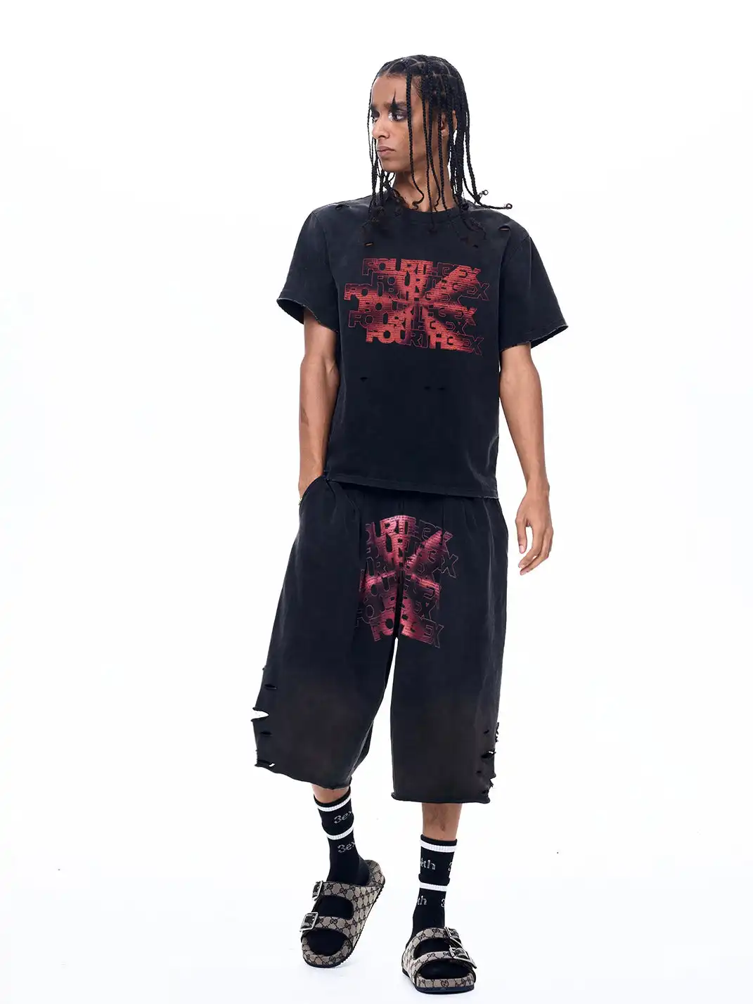 Fourth3ex | Vintage Ripped Letter Print Shorts