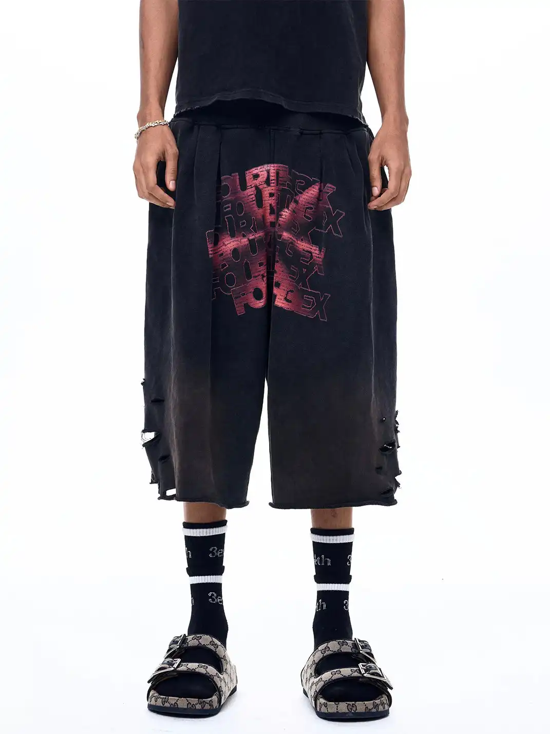 Fourth3ex | Vintage Ripped Letter Print Shorts