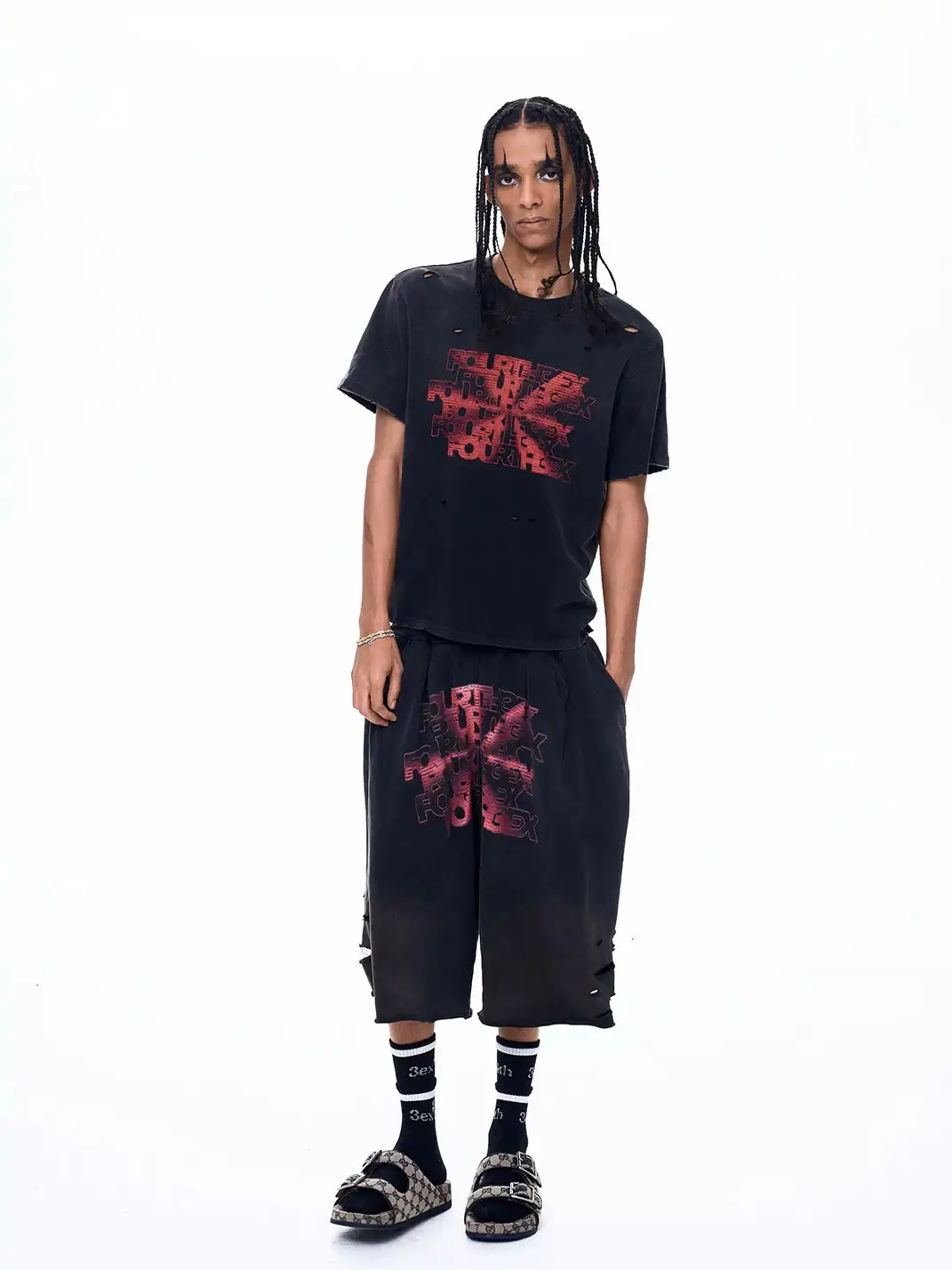 Fourth3ex | Vintage Ripped Letter Print Shorts