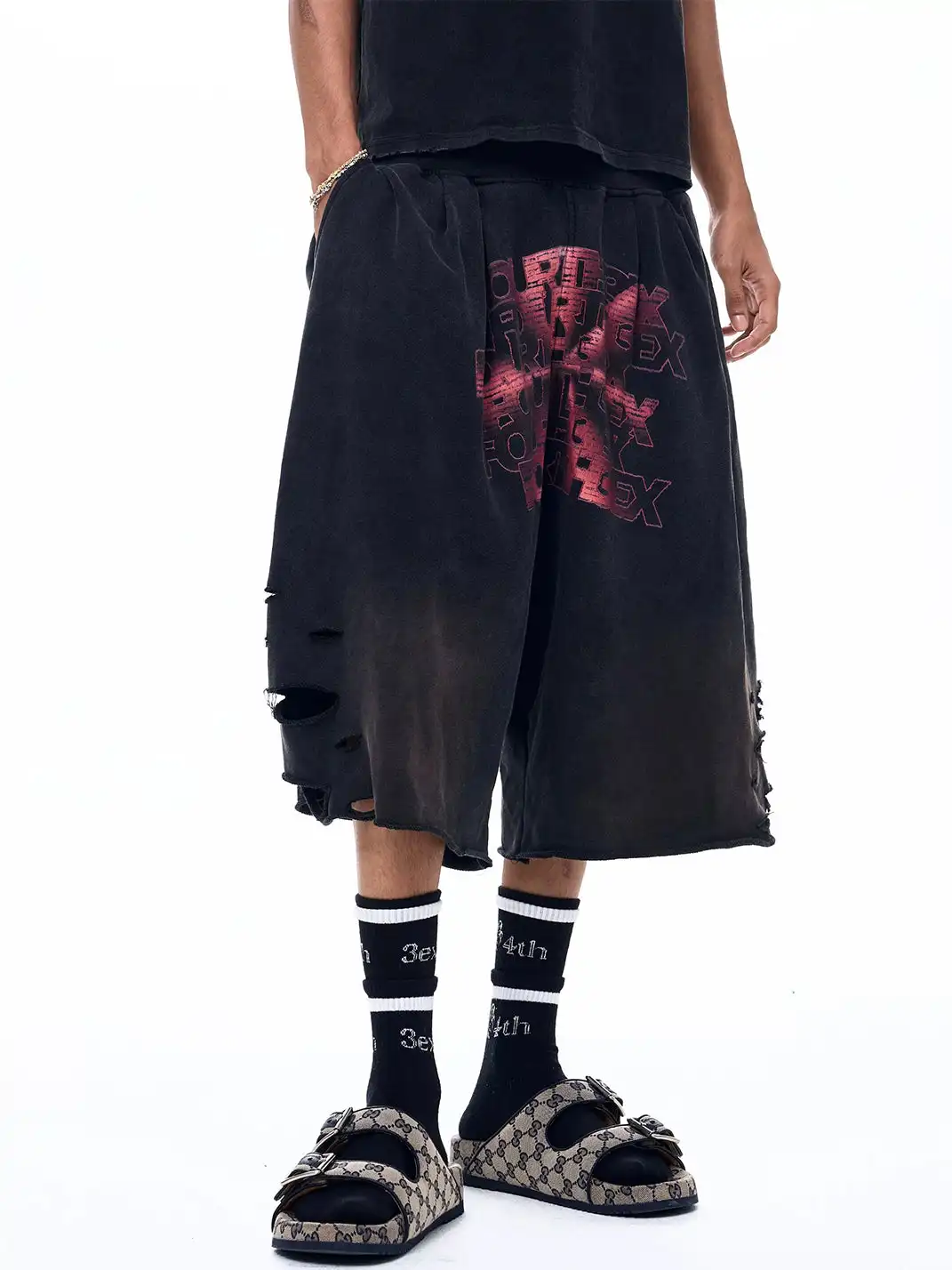 Fourth3ex | Vintage Ripped Letter Print Shorts