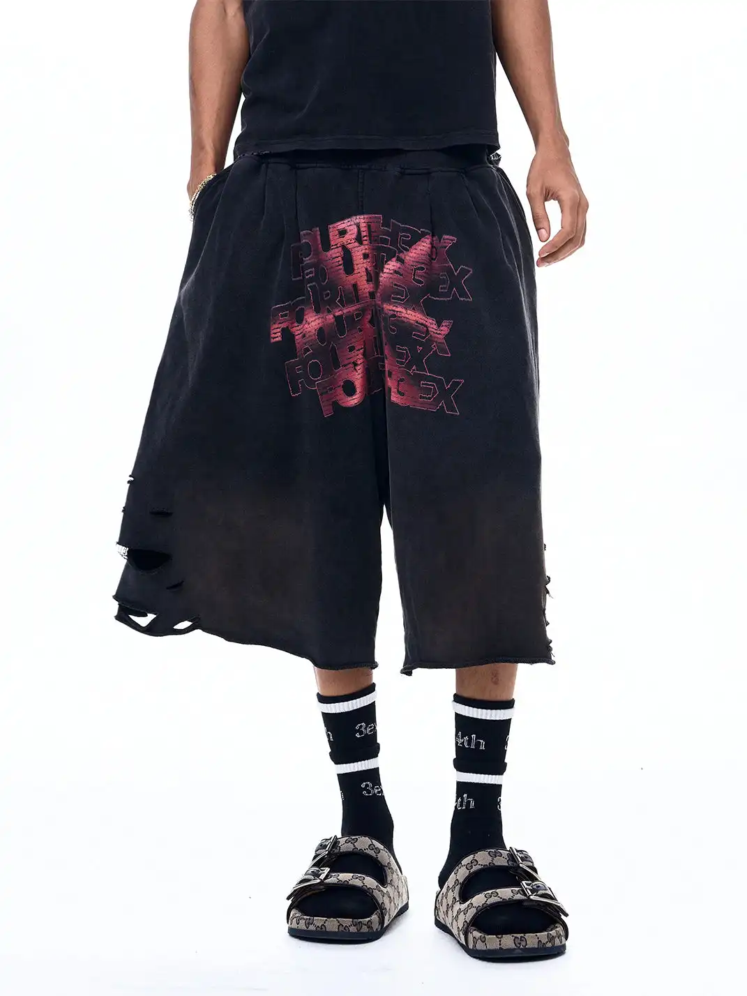Fourth3ex | Vintage Ripped Letter Print Shorts