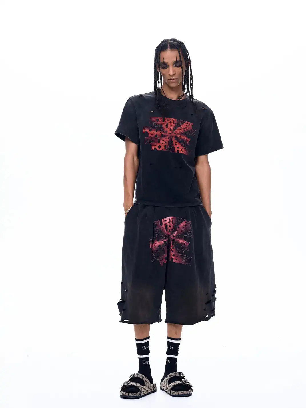 Fourth3ex | Vintage Ripped Letter Print Shorts