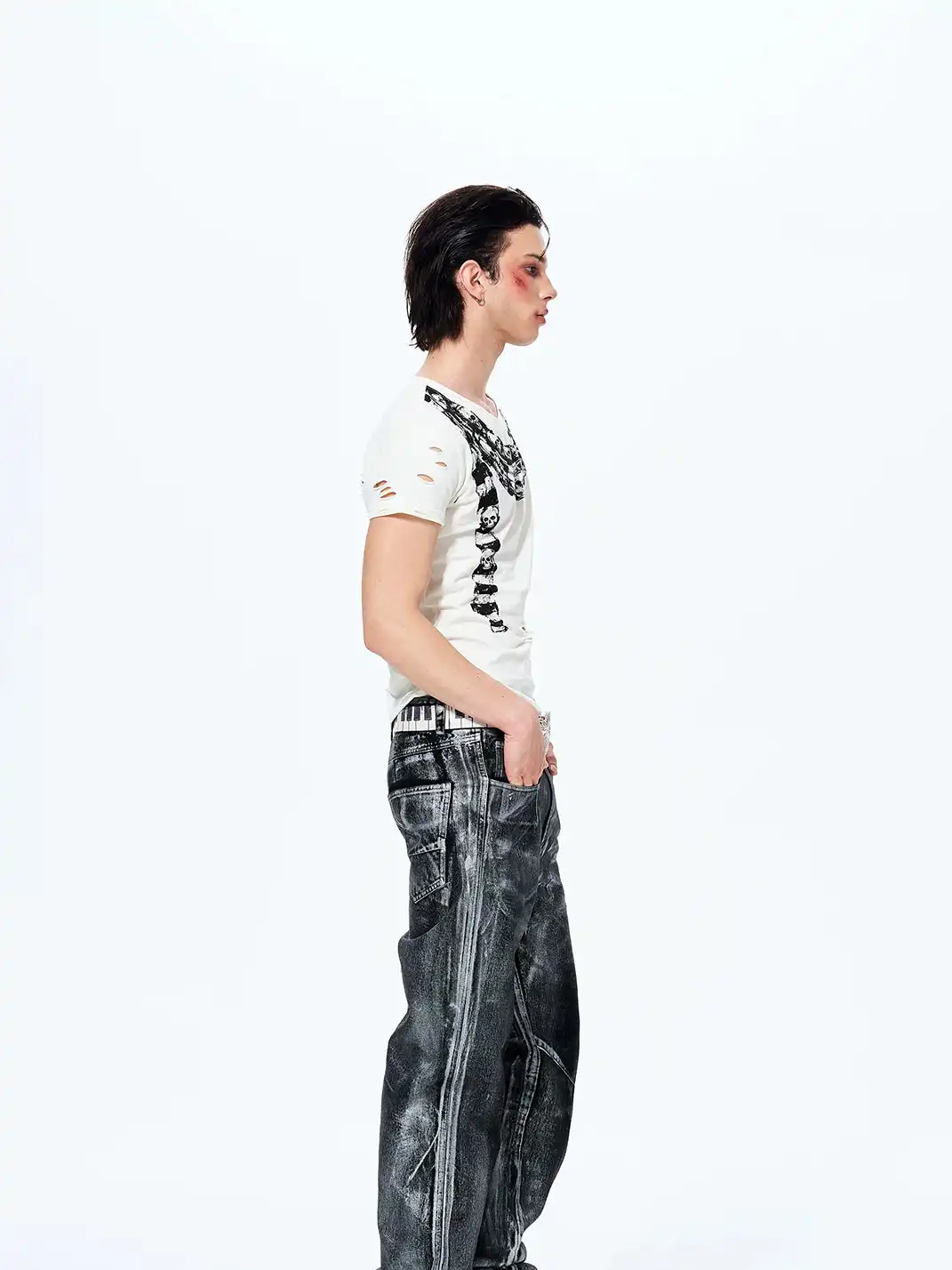 Fourth3ex | Scarf Skull Print Ripped T-Shirt