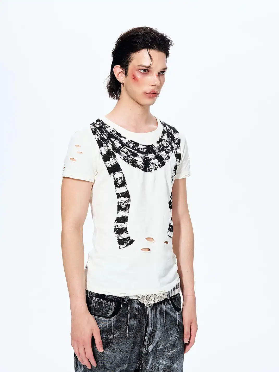 Fourth3ex | Scarf Skull Print Ripped T-Shirt