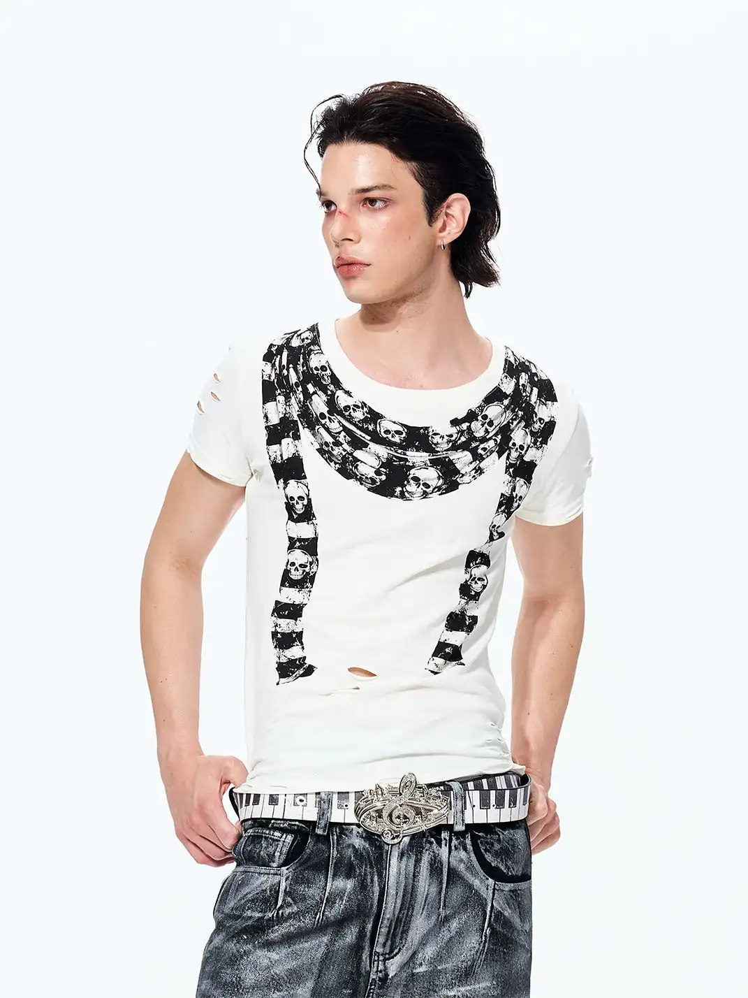 Fourth3ex | Scarf Skull Print Ripped T-Shirt