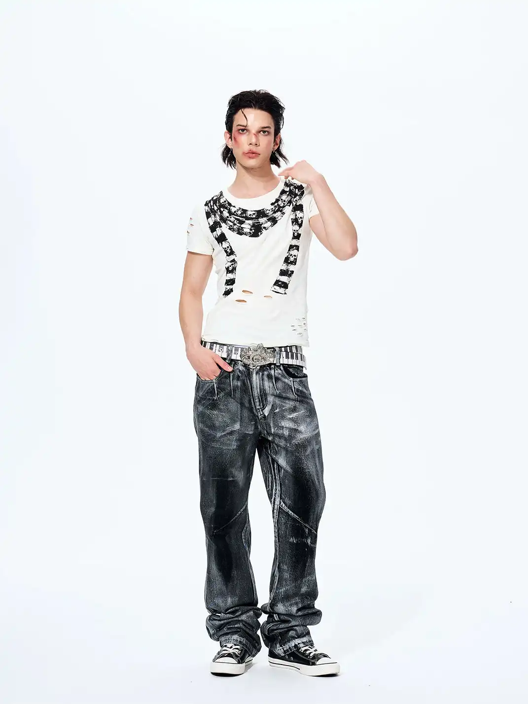 Fourth3ex | Scarf Skull Print Ripped T-Shirt