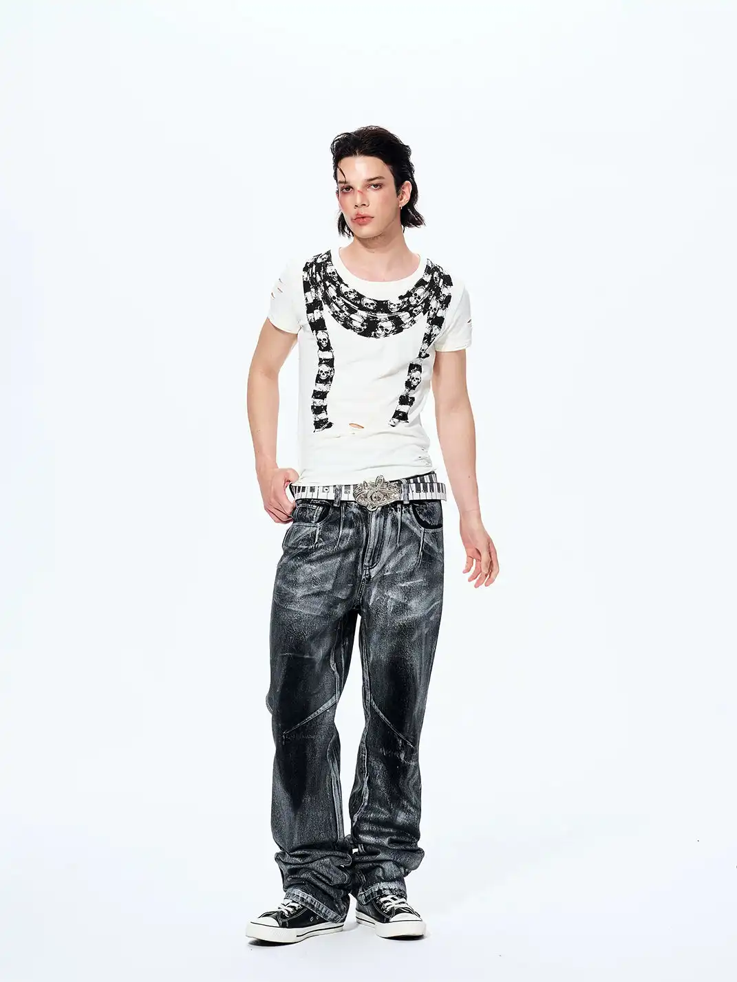 Fourth3ex | Scarf Skull Print Ripped T-Shirt