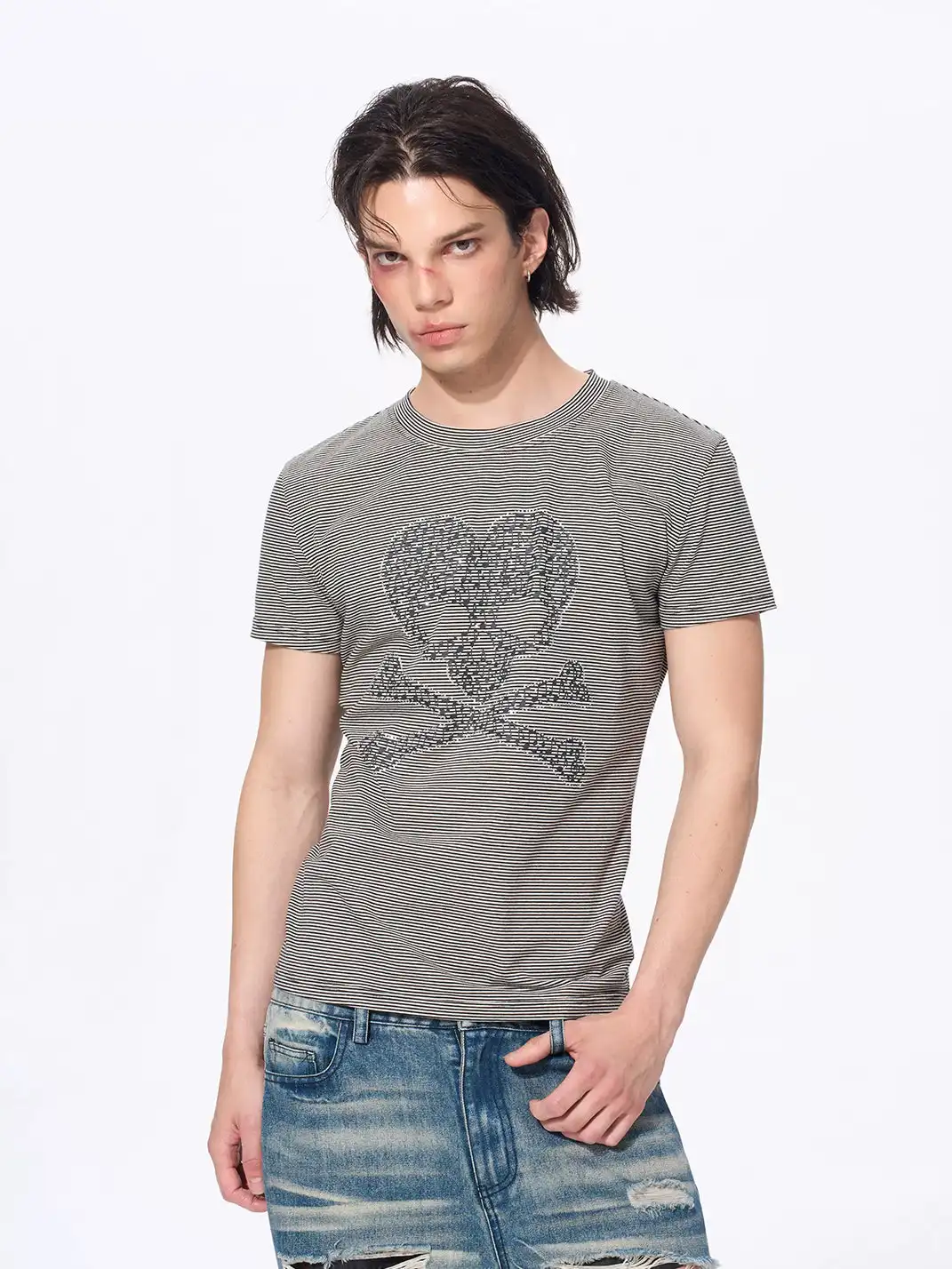 Fourth3ex | Rhinestone Skull Striped T-Shirt