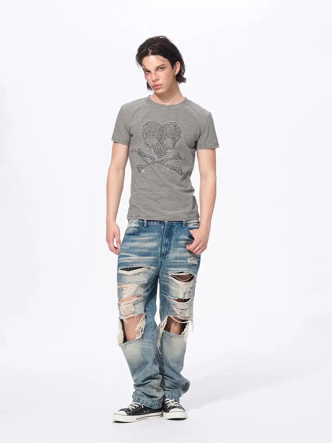 Fourth3ex | Rhinestone Skull Striped T-Shirt