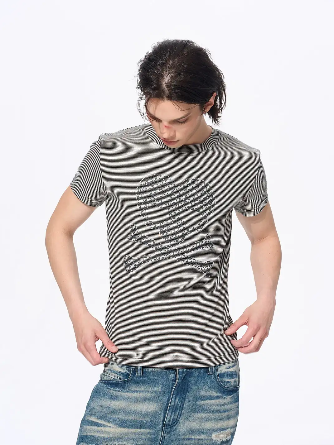 Fourth3ex | Rhinestone Skull Striped T-Shirt