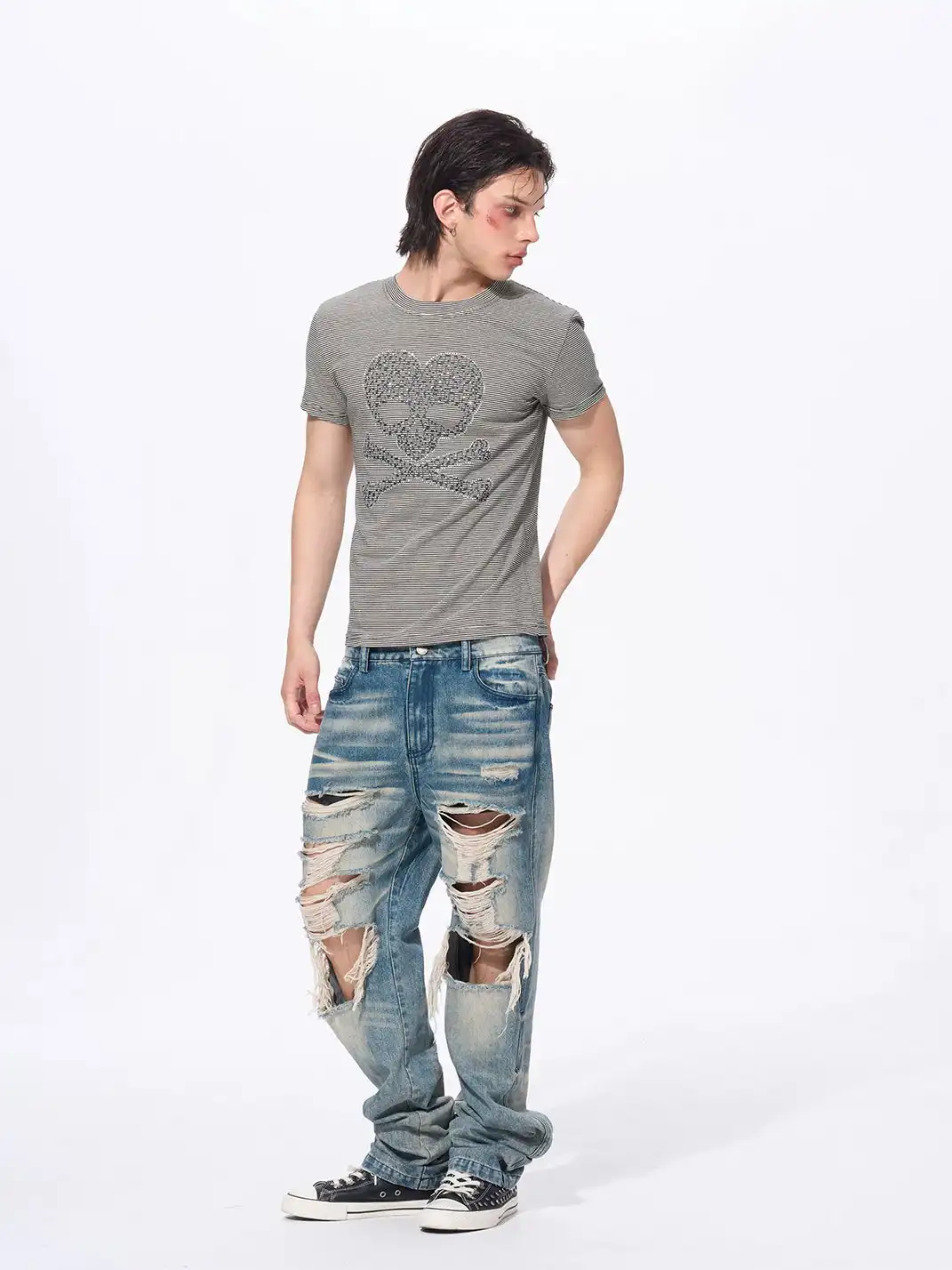 Fourth3ex | Rhinestone Skull Striped T-Shirt