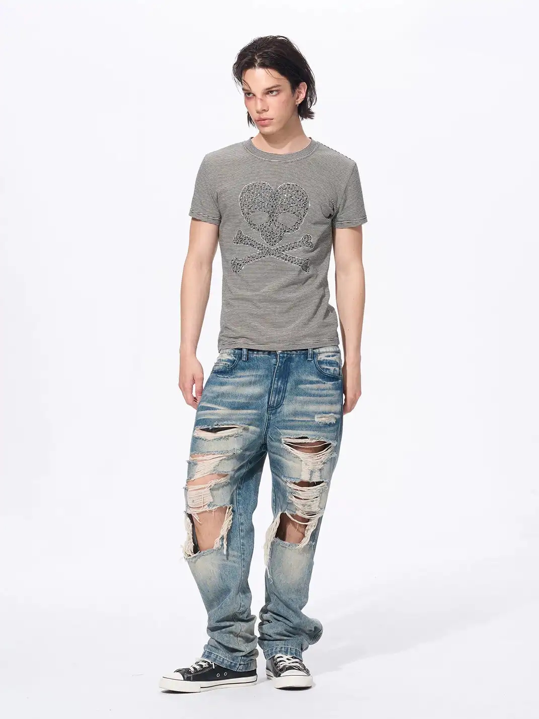Fourth3ex | Rhinestone Skull Striped T-Shirt