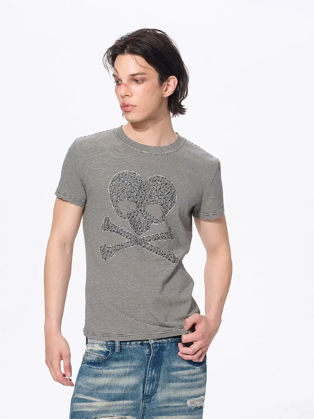 Fourth3ex | Rhinestone Skull Striped T-Shirt