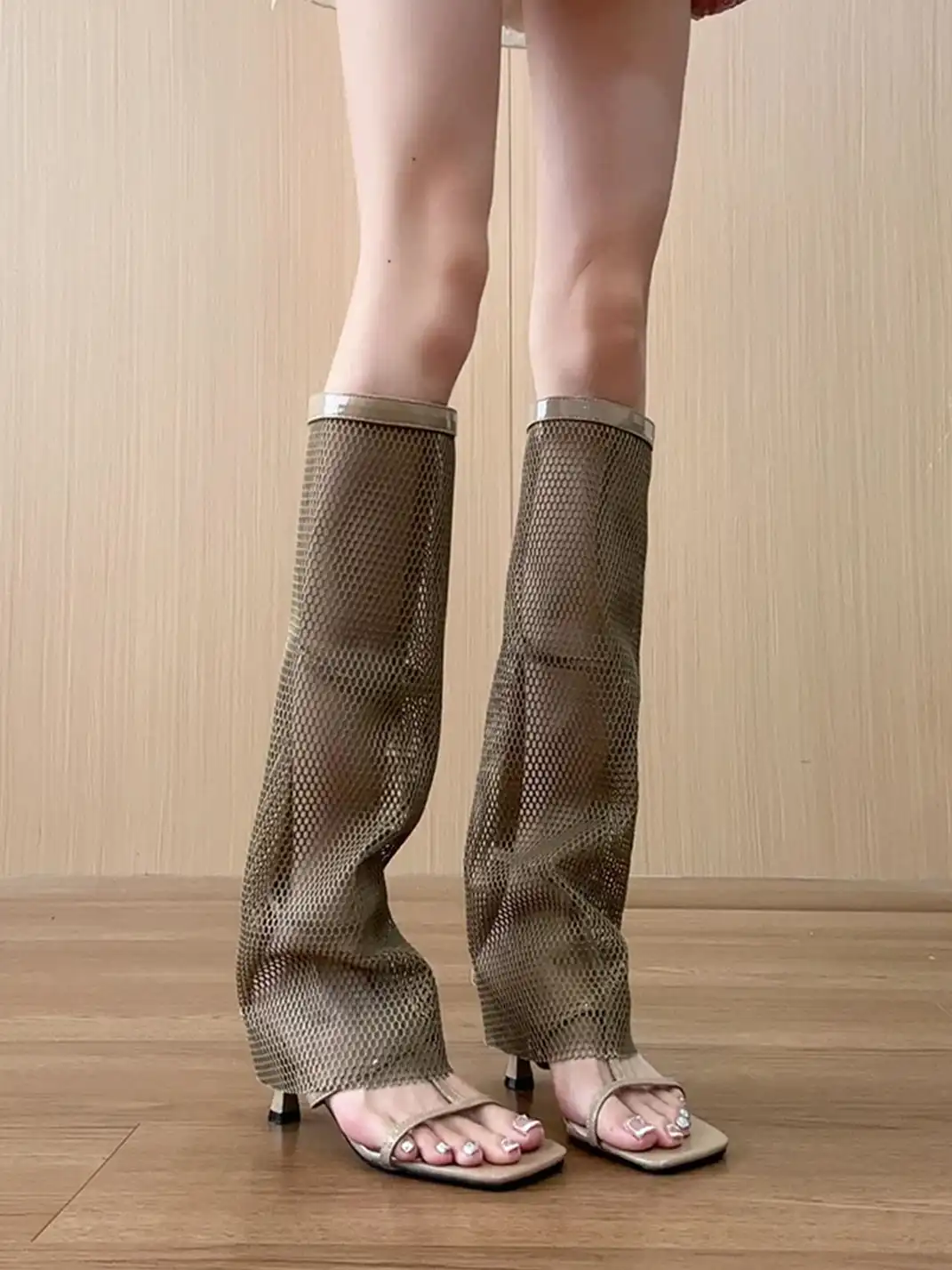 BUTING | Mesh Hollow Out High-Calf High Heel Sandal Boots