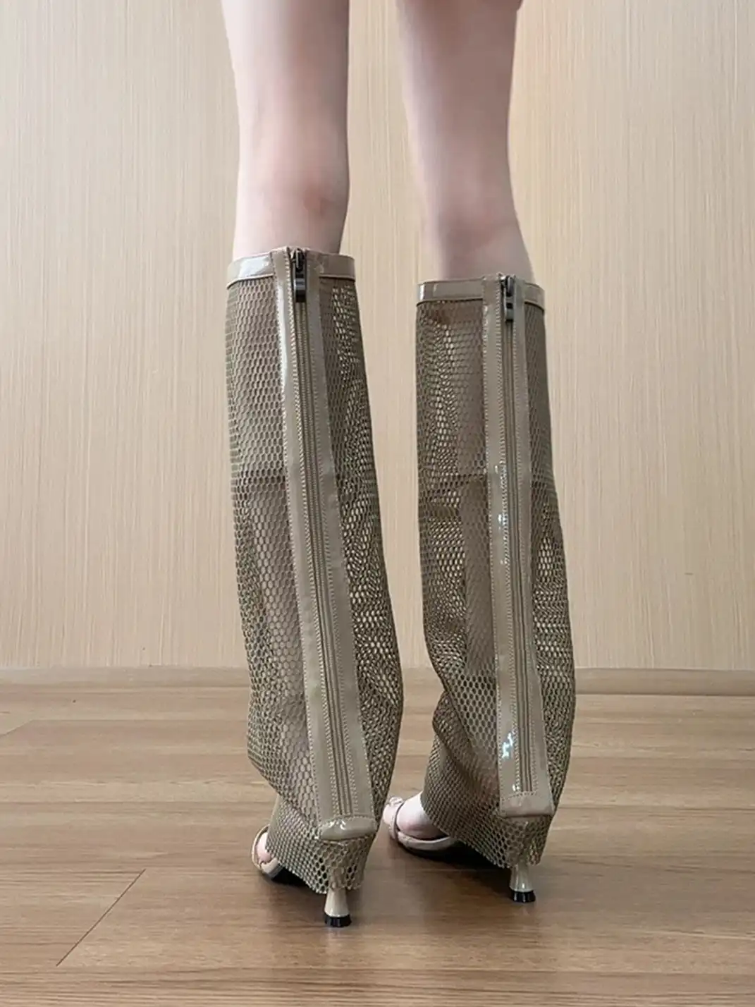 BUTING | Mesh Hollow Out High-Calf High Heel Sandal Boots