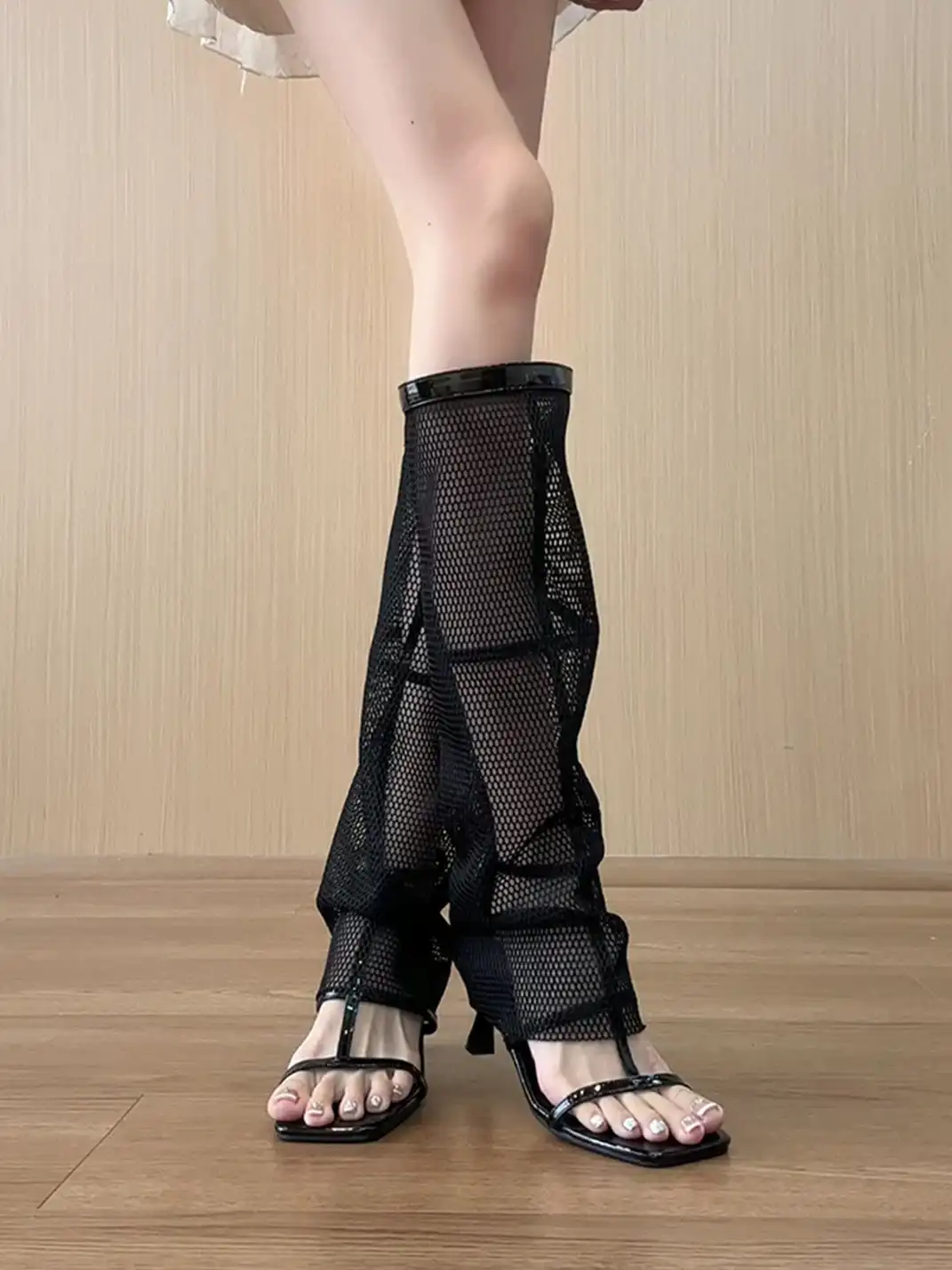 BUTING | Mesh Hollow Out High-Calf High Heel Sandal Boots